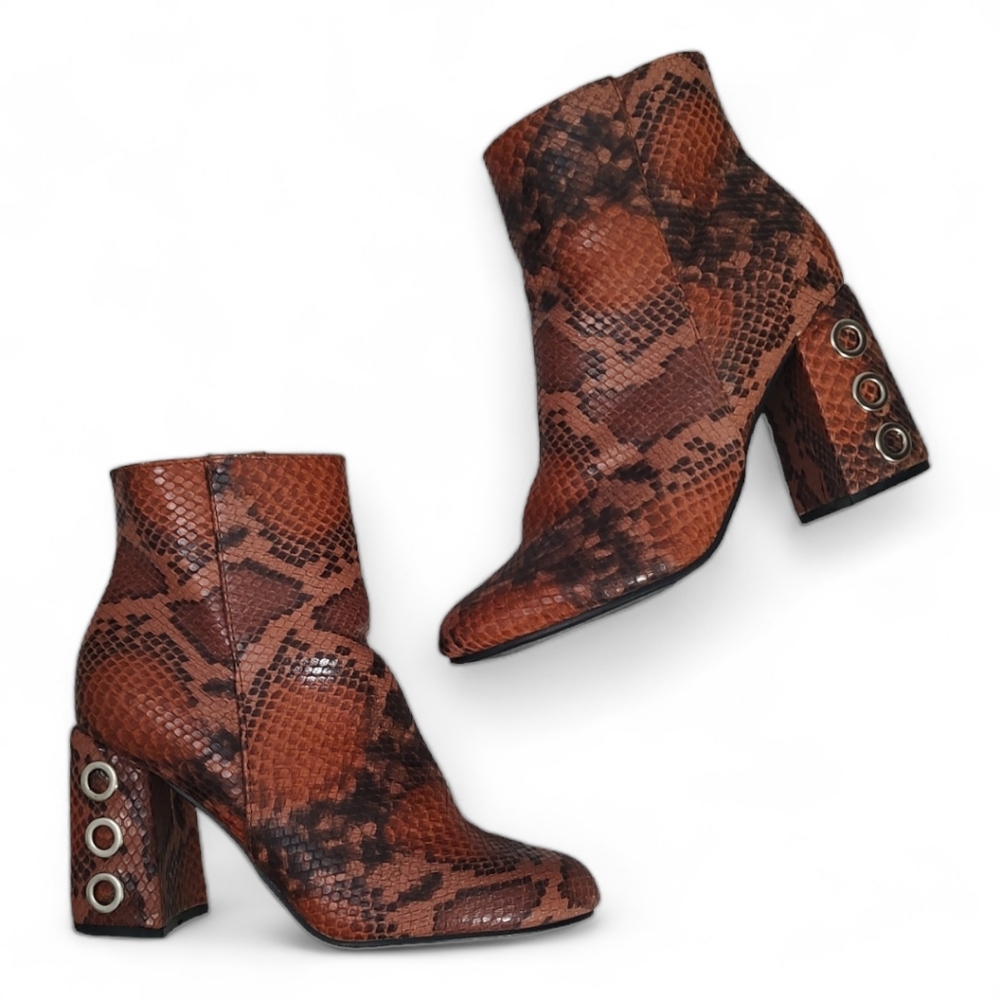 Retro Snake Print Faux Leather Ankle Booties Block Heel Women's Size 7